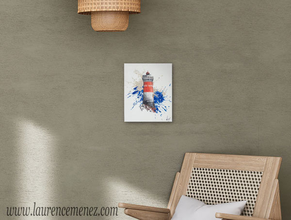 Phare de Pierres Noires entouré d'éclaboussures de peintures rouges et bleues sur fond blanc, peinture à l'huile sur toile, Laurence Menez Artiste-peintre