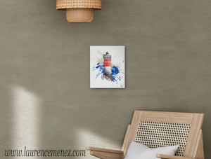 Phare de Pierres Noires entouré d'éclaboussures de peintures rouges et bleues sur fond blanc, peinture à l'huile sur toile, Laurence Menez Artiste-peintre