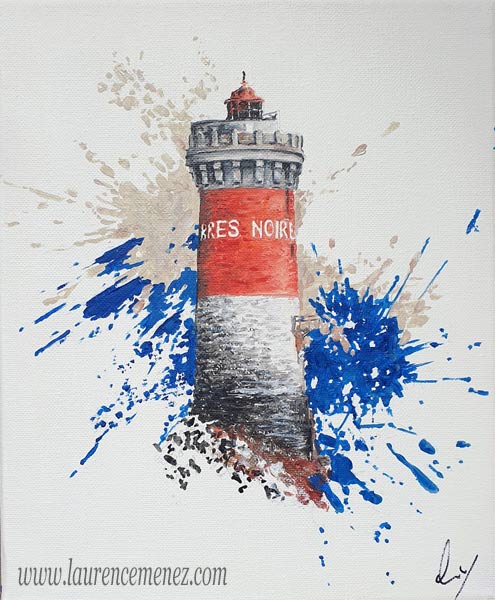 Phare de Pierres Noires entouré d'éclaboussures de peintures rouges et bleues sur fond blanc, peinture à l'huile sur toile, Laurence Menez Artiste-peintre