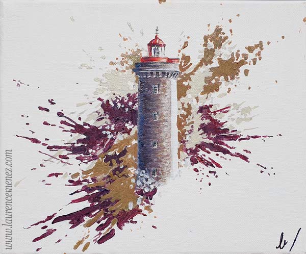 Phare du Petit Minou, éclaboussures de peintures ocres et pourpres sur fond blanc, peinture à l'huile sur toile, Laurence Menez Artiste-peintre