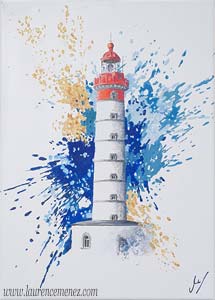 Phare de Saint-Mathieu entouré d'éclaboussures de peintures jaunes et bleues sur fond blanc, peinture à l'huile sur toile, Laurence Menez Artiste-peintre