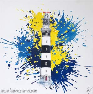 Phare du Creac'h entouré d'éclaboussures de peintures jaunes et bleues sur fond blanc, peinture à l'huile sur toile, Laurence Menez Artiste-peintre