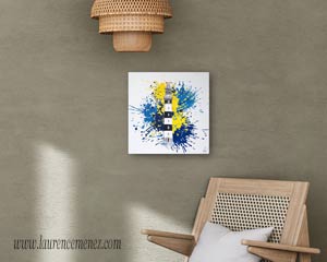 Phare du Creac'h entouré d'éclaboussures de peintures jaunes et bleues sur fond blanc, peinture à l'huile sur toile, Laurence Menez Artiste-peintre