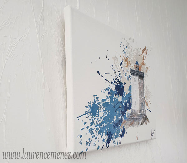 Phare de Kermorvan, éclaboussures de peintures bleues et beiges sur fond blanc, peinture à l'huile sur toile, Laurence Menez Artiste-peintre