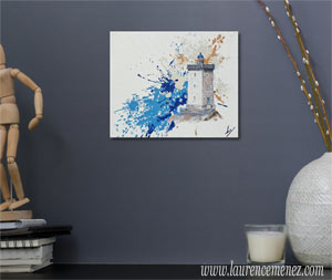 Phare de Kermorvan, éclaboussures de peintures bleues et beiges sur fond blanc, peinture à l'huile sur toile, Laurence Menez Artiste-peintre