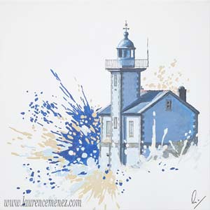 Phare du Toulinguet à Camaret/Mer entouré d'éclaboussures de peintures bleues et beiges sur fond blanc, peinture à l'huile sur toile, Laurence Menez Artiste-peintre