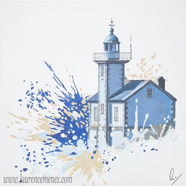 Phare du Toulinguet à Camaret/Mer entouré d'éclaboussures de peintures bleues et beiges sur fond blanc, peinture à l'huile sur toile, Laurence Menez Artiste-peintre