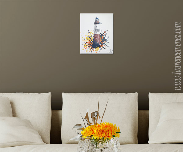 Phare d'Ar-Men, éclaboussures de peintures grises et oranges sur fond blanc, peinture à l'huile sur toile, Laurence Menez Artiste-peintre