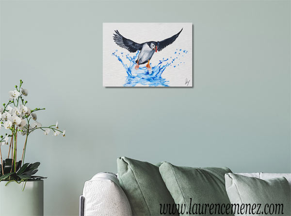 Macareux et éclaboussure d'eau, peinture à l'huile sur toile, Laurence Menez Artiste-peintre