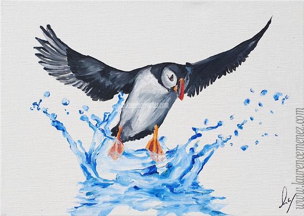 Macareux et éclaboussure d'eau, peinture à l'huile sur toile, Laurence Menez Artiste-peintre